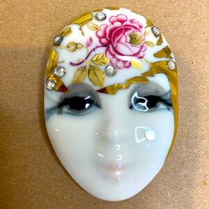 Vintage Gabriella 1970's Art Deco Porcelain Woman's Face Brooch with Rhinestones